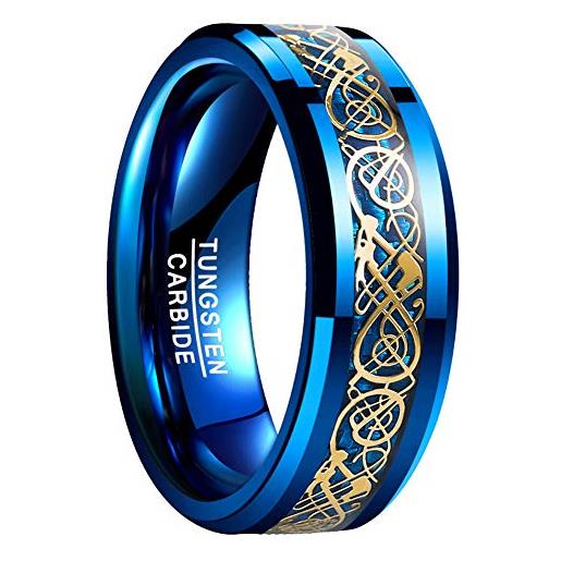 VAKKI anello blu da uomo e da donna fede nuziale in acciaio al tungsteno da 8 mm con motivo in seta dorata al centro taglia 16.5