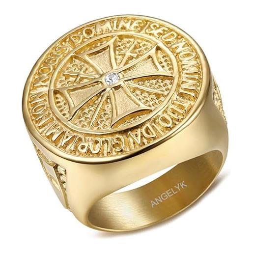 BOBIJOO JEWELRY - grande anello uomo anello con sigillo templare non nobis domine croce scudo diamante in acciaio inox placcato oro - 22 (10 us), d'oro - acciaio inossidabile 316