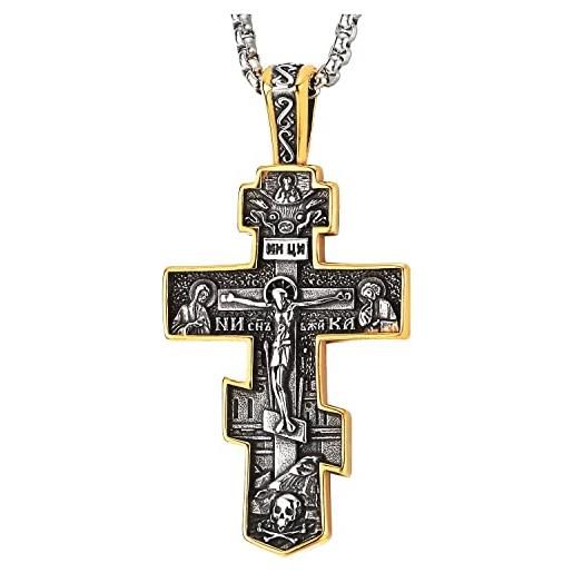 COOLSTEELANDBEYOND annata gesù cristo crocifisso croce ciondolo collana con pendente da uomo donna, oro acciaio, finitura ruvida, due lati