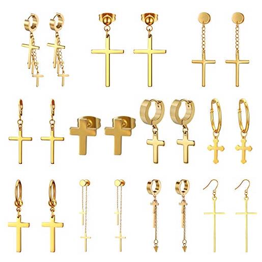 Cupimatch [11 coppie orecchini da donna uomo a croce, orecchini alla moda in acciaio inossidabile stile semplice ed elegante perfetto regalo, colore oro