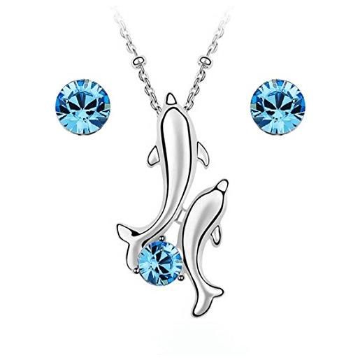 Crystalline Azuria donna 18ct placcato oro bianco cristalli blu acquamarina simulato delfini parure collana con ciondolo 45 cm orecchini