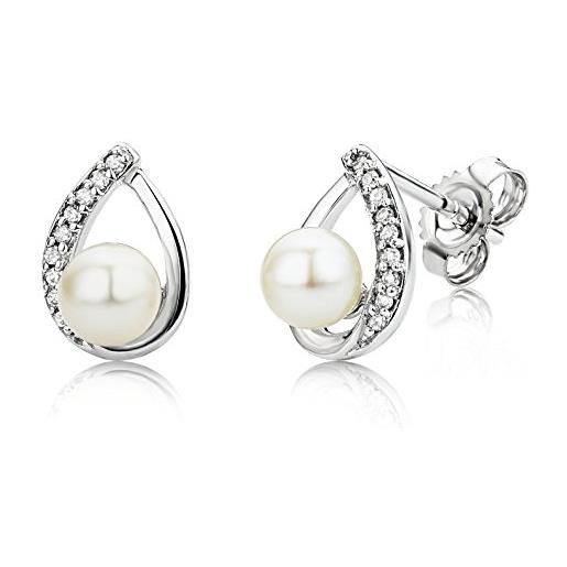 Miore orecchini perle e diamanti in oro bianco 9kt 375, orecchini a lobo con perle coltivate d'acqua dolce con brillanti, bottone anallergico con perno chiusura e farfalla a pressione. 