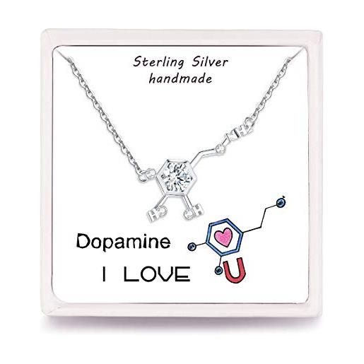 Qings collana molecole dopamina donna chimica ciondolo, collana in argento sterling 925 con cubic zirconia gioielli regalo per ragazze san valentino e fidanzamento