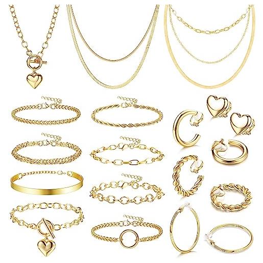 Kakonia 15 pezzi in oro gioielli set piccolo cerchio orecchini collana bracciali regolabile per le donne ragazze catena strato collana orecchini finti collegamento
