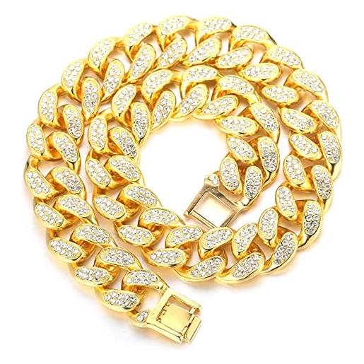 HALUKAKAH cuban link chain for men iced out, 20mm men's gold chain miami 18k real gold plated choker necklace 60cm, full cz diamond cut prong set, gift for him