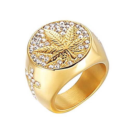 PAMTIER anello a croce in acciaio inossidabile con zirconi lucidi per donne e uomini con incisione di foglie di marijuana oro misura 29