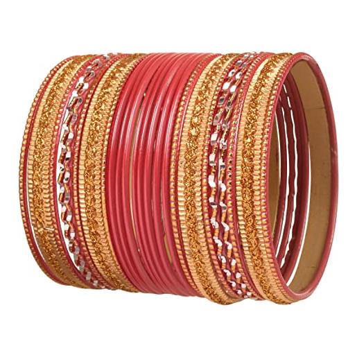 Touchstone nuovo colorful 2 dozen bangle collection indiano bollywood lega di metallo strutturato colore rosa caldo designer gioielli bangle bracciali set di 24 in tono oro antico per le donne. 