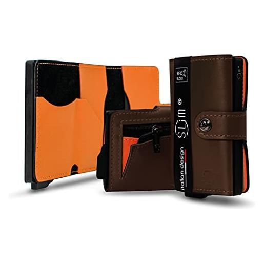 SLim porta carte di credito schermato portafoglio uomo rfid portatessere anticlonazione donna portacarte uomo (con zip, vera pelle testa di moro e arancio). 