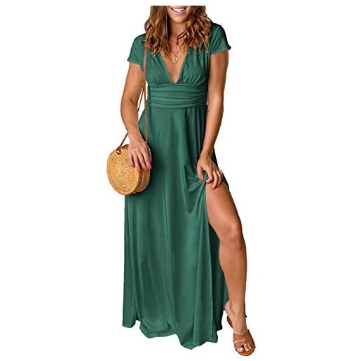 QUNERY abiti donna estivi casual vestiti lunghi donna estivi manica corta vestito donna elegante scollo a v linea ad a con spacco maxi abito blu m