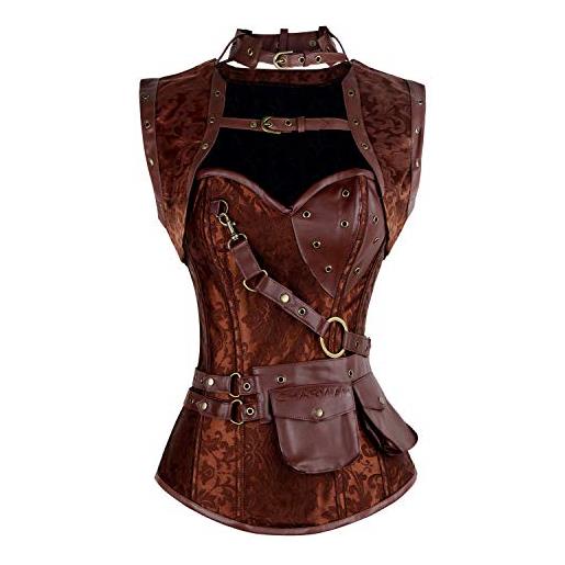 Charmian women's steel boned retro goth brocade steampunk bustiers corset top with jacket and belt red medium