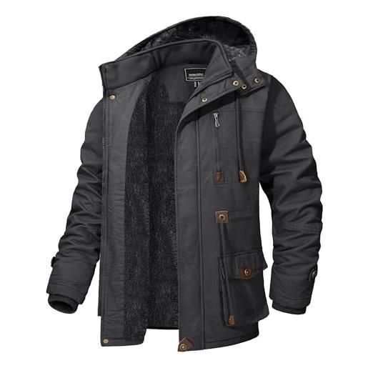 KEFITEVD giacche invernali da uomo in pile con cappuccio giacche antivento bomber cargo cappotti militari con tasche multiple, nero , l