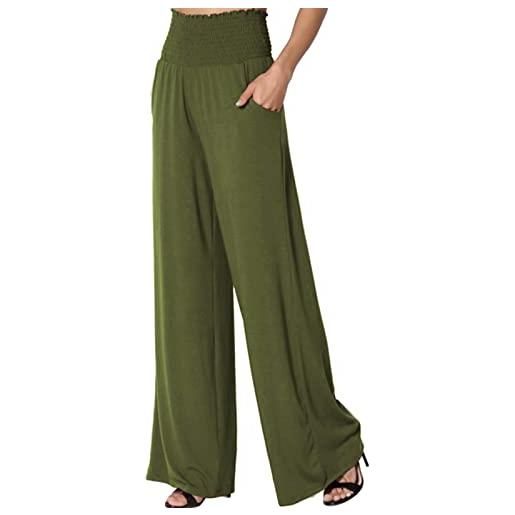 Les umes pantaloni lunghi estivi a gamba larga da donna, vestibilità ampia, vita alta, elasticizzata, con tasche, pantaloni da salotto, verde militare, l