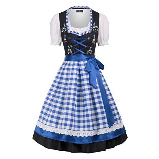 SCARLET DARKNESS abito tradizionale da donna, 3 pezzi, con camicia dirndl e grembiule per oktoberfest, s, blu