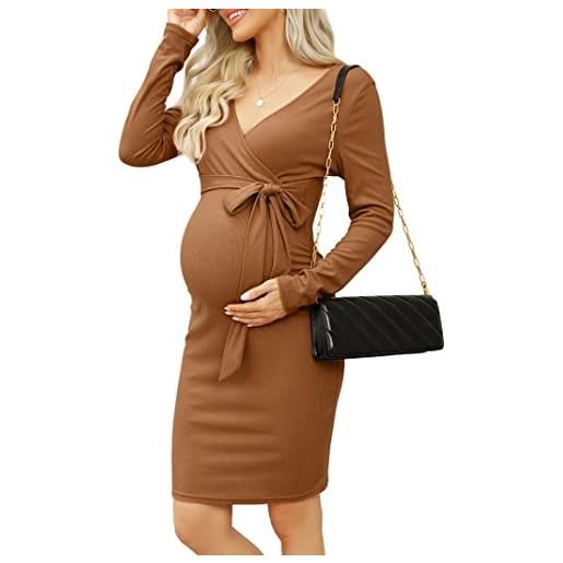 KOJOOIN gonna premaman da donna vestiti premaman a maniche lunghe stretto con scollo a v tuta premaman abbigliamento da festa al ginocchio con cintura (confezione multipla), a-cachi, l