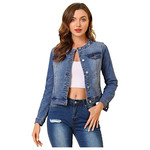 Allegra K giacca di jeans da donna con bottoni e colletto a maniche lunghe jean giacche, nero , 52