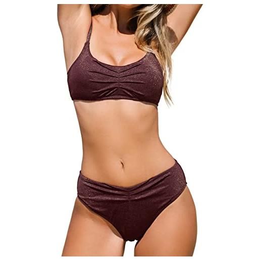 CUPSHE bikini da donna set costumi da bagno a due pezzi increspature cinghie di spaghetti cravatta posteriore materiale lucido vita media bikini bottom, sellino marrone. , s