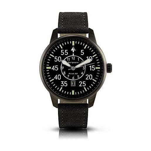 Bergmann -orologio pilot 02 nero cinturino in pelle scamosciata nera, nero, cinghia