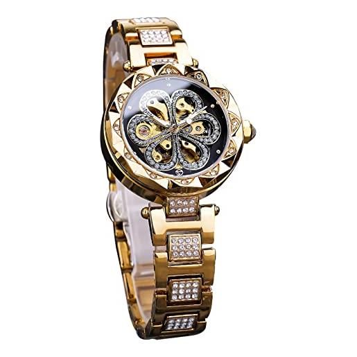 Forsining moda donna orologio scheletro fiore design lusso diamante orologio da polso per partito in acciaio inox cinghie meccanico automatico, dorato