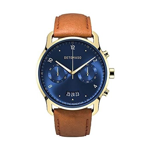 De. Tomaso sorpasso chronograph limited edition gold blue orologio da uomo analogico al quarzo, cinturino in pelle marrone, blu, cinghie