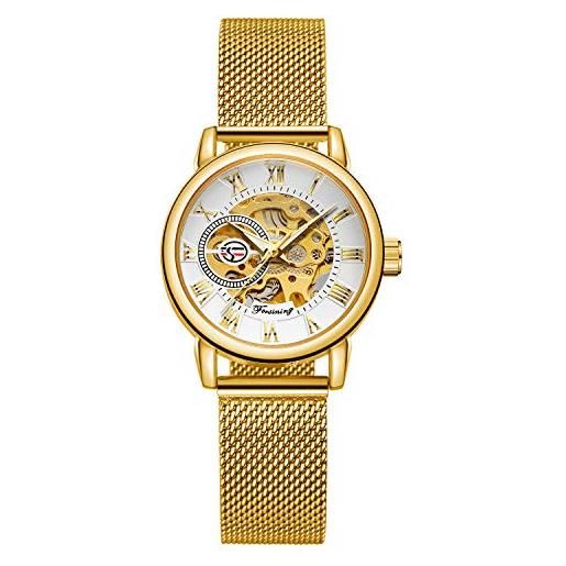 BOLYTE mg orkina orologio da donna originale con quadrante scheletrato automatico analogico da polso con cinturino in maglia intrecciata in acciaio inox (oro e bianco)