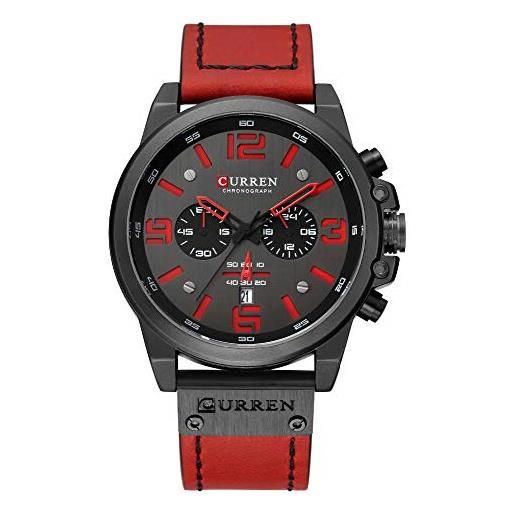 Curren, orologio da uomo di lusso, stile militare, con cronometro e cronografo, impermeabile, in pelle, alla moda black red
