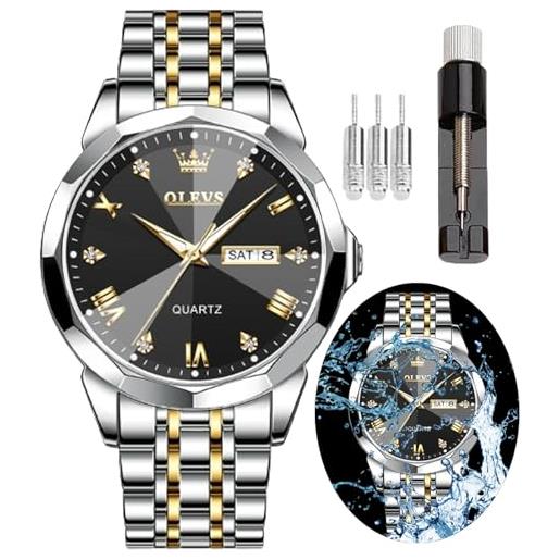 OLEVS watch for men diamond business dress analog quartz stainless steel waterproof luminous date two tone luxury casual wrist watch, blue watch for men. 