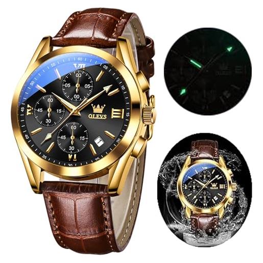 OLEVS men's chronograph quartz watches, leather strap gold case with day date, waterproof stainless steel wrist watch, luminous watches for men, fashion, leisure