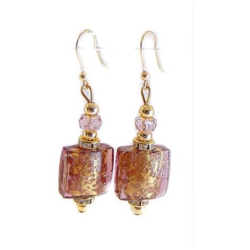 VENEZIA CLASSICA - orecchini da donna con perle in vetro di murano originale, collezione lily, con foglia in oro 24kt, made in italy certificato (lilla)