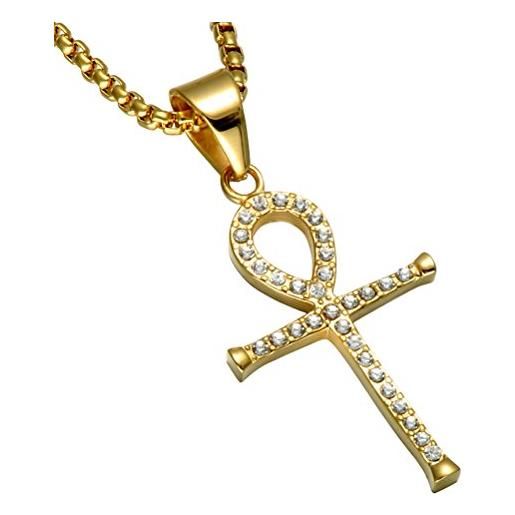 Pauro - collana da uomo in acciaio inox placcato oro con micro pavè di strass cz egiziani ankh croce pendente