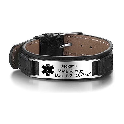 kaululu braccialetto uomo nome personalizzato con medica id tag bracciale donna in acciaio con incisione regolabile personalizzabile medico per famiglia (#5)
