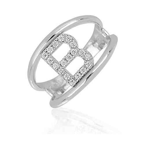 Artlinea, anello in argento 925 sterling, gioiello personalizzato con la lettera b maiuscola, con pavé zirconi, retro aperto con misura regolabile 5-11, made in italy