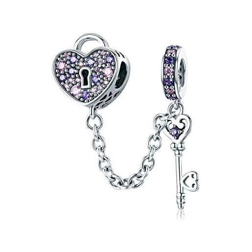 Teleye il fascino della catena di sicurezza della chiave del cuore per il braccialetto, ciondolo in argento sterling 925 genuino al 100% adatto per il braccialetto pandora