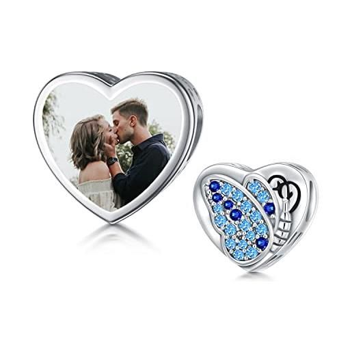 LONAGO 925 sterline d'argento ciondolo fotografico personalizzato per le donne farfalla a forma di cuore immagine personalizzata charm con perline misura il braccialetto con ciondoli