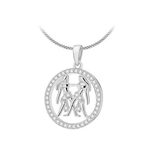 Tuscany Silver collana da donna con pendente segno zodiacale 'gemelli' in argento sterling (925) placcato in rodio con zircone e catena - 46 cm