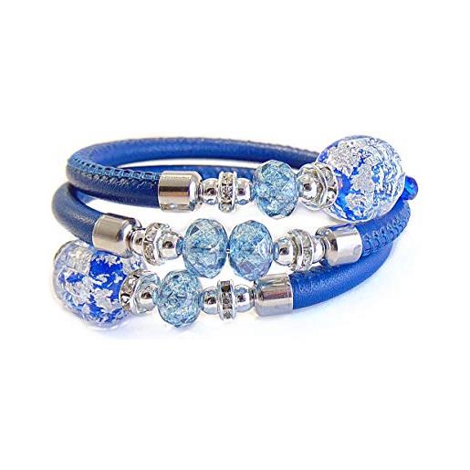 VENEZIA CLASSICA - bracciale da donna con perle in vetro di murano originale e vera pelle toscana, collezione diana, modello contrarie con foglia in argento, made in italy certificato (blu)
