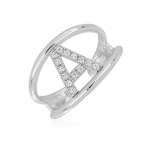 Artlinea, anello in argento 925 sterling, gioiello personalizzato con la lettera a maiuscola, con pavé zirconi, retro aperto con misura regolabile 19-24, made in italy