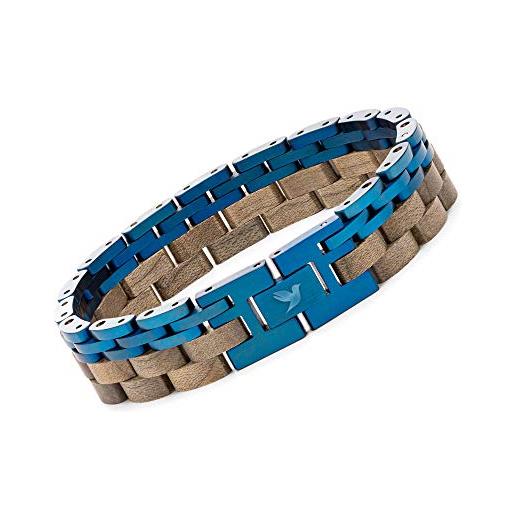 Woodstar (blue bear) bracciale da uomo in acciaio e legno, gioielli moda maschile, braccialetto regolabile blu grigio b20-008