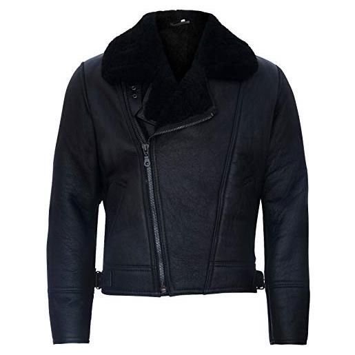 Infinity Leather giacca da uomo in pelle di montone shearling con zip incrociata nero aviatore 5xl