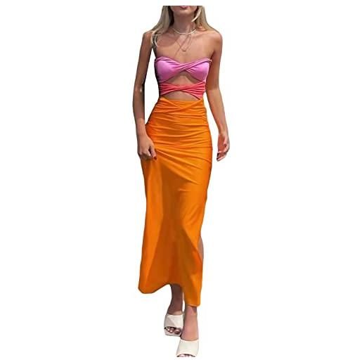 LVBJ women's strapless twist front long dress sleeveless cutout slim elegant summer beach dress party streetwear (orange, s)