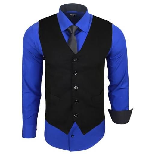 Subliminal Mode - stiratura facile gilet + camicia + cravatta uomo colletto bicolore tinta unita maniche lunghe, vestibilità slim business, idea regalo rn33, blu royal, m
