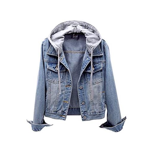 Generic 2023 nuova giacca o - jean per le donne retro casual con cappuccio con bottone giù a maniche lunghe tasca in denim invecchiato per ragazze adolescenti cappotto giacca in pile, azzurro, 3xl