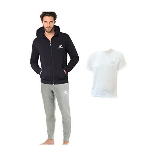 Lotto tuta uomo invernale + t-shirt in omaggio tuta uomo in felpa di cotone garzato con zip intera tuta uomo completa (felpa grigia+pantalone blu+t-shirt foresta, xxl)