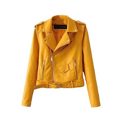ShiFan giubbotto di similpelle chiodo donna giacca da motociclista pu pelle cappotto zip sottile giallo l