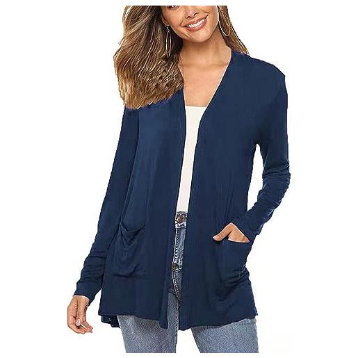 Cerlingwee maglione da donna con tasca frontale aperta elegante cardigan casual da donna blazer lavorato a maglia leggero(m-blu scuro)