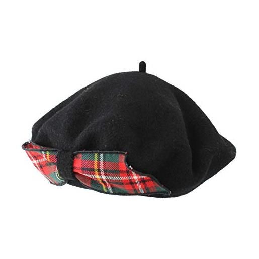 Chaday basco alla francese per donna, berretto in lana, cappello invernale con fiocco tartan (nero)