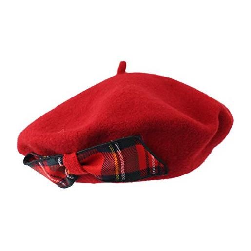 Chaday basco alla francese per donna, berretto in lana, cappello invernale con fiocco tartan (rosso)