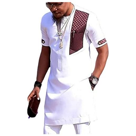 Generic africano maschile set da 2 pezzi abito dashiki manica lunga camicia e pantaloni completi slim fit abito tradizionale abbigliamento di moda (color: white, size: xl)