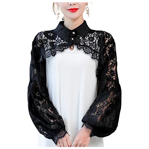 LoudSung maniche staccabili abiti da sposa crop top collare finto mezza camicia camicetta in pizzo cotone elegante per le donne ragazze, lace-black, 48