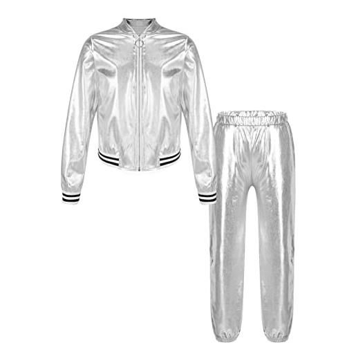 Freebily completo 2 pezzi bambina giacca jacket con zip + pantaloni a vita alta tuta da ginnastica allenamento danza moderna hip hop abbigliamento autunno inverno streetwear oro a 9-10 anni
