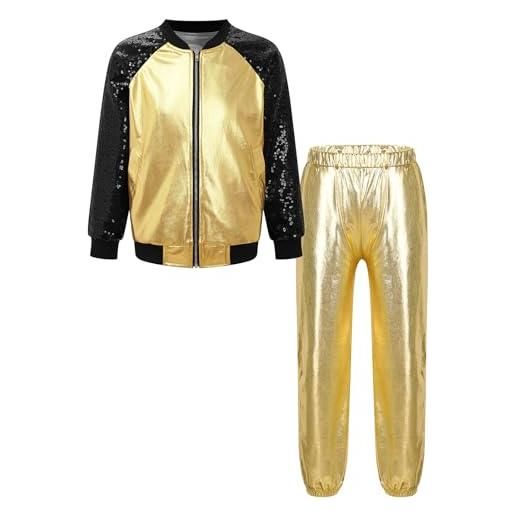 Freebily completo 2 pezzi bambina giacca jacket con zip + pantaloni a vita alta tuta da ginnastica allenamento danza moderna hip hop abbigliamento autunno inverno streetwear oro 13-14 anni